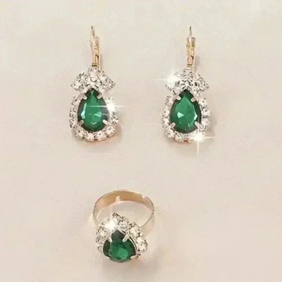 Women's 4-Piece Green Drip Shaped Rhinestones Jewelry Set - Emerald Like - Picture 10 of 14